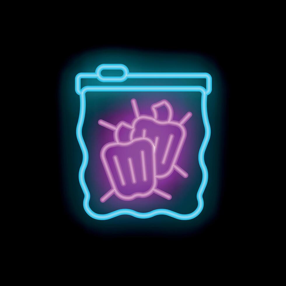 Neon icon of bell peppers inside plastic bag being preserved for a longer shelf life vector
