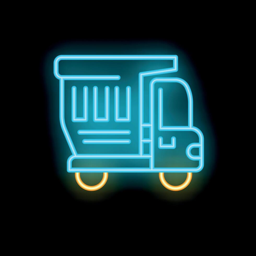 Blue neon icon of a dump truck glowing on a black background vector