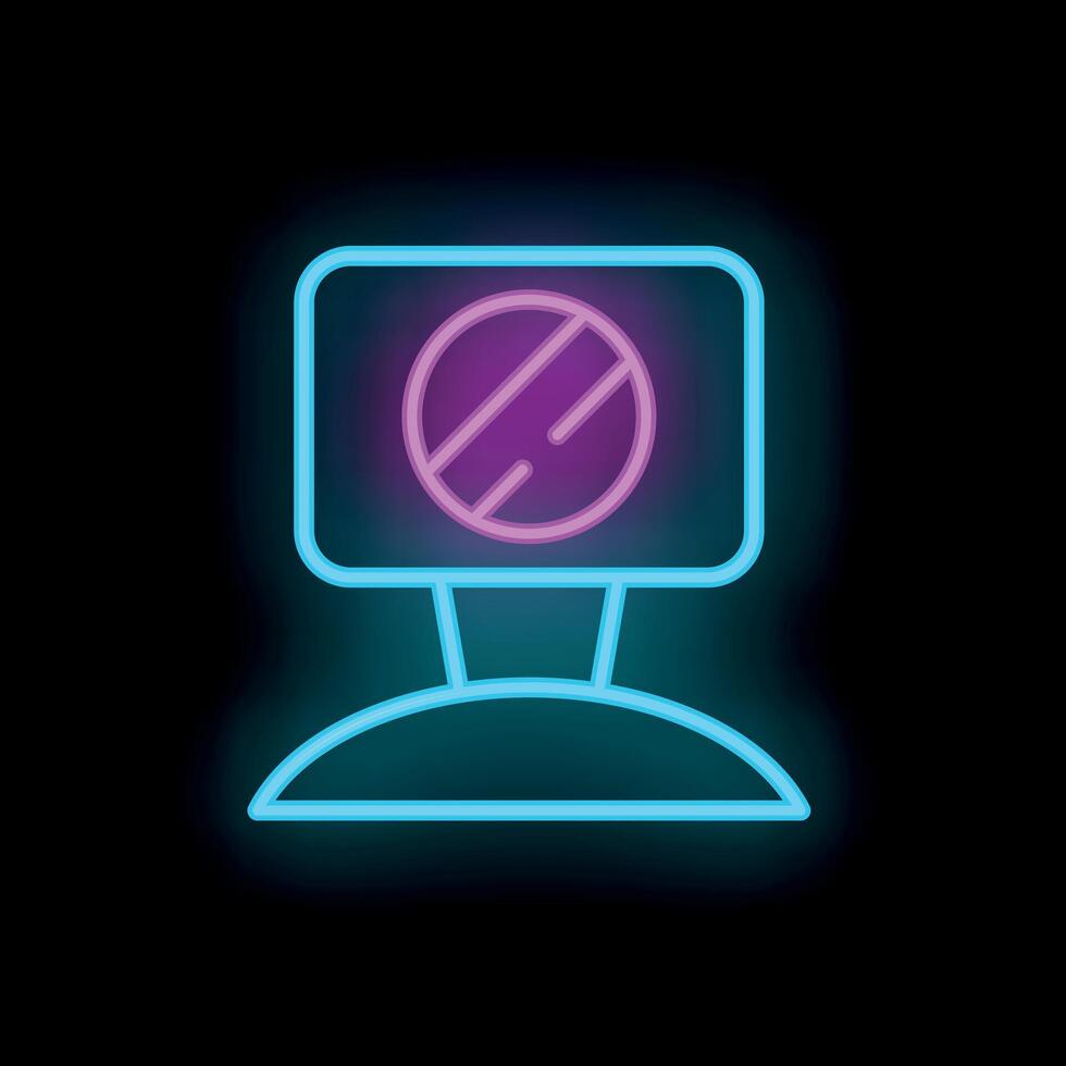 Neon computer icon displaying blocked website symbol on screen in pink and blue vector