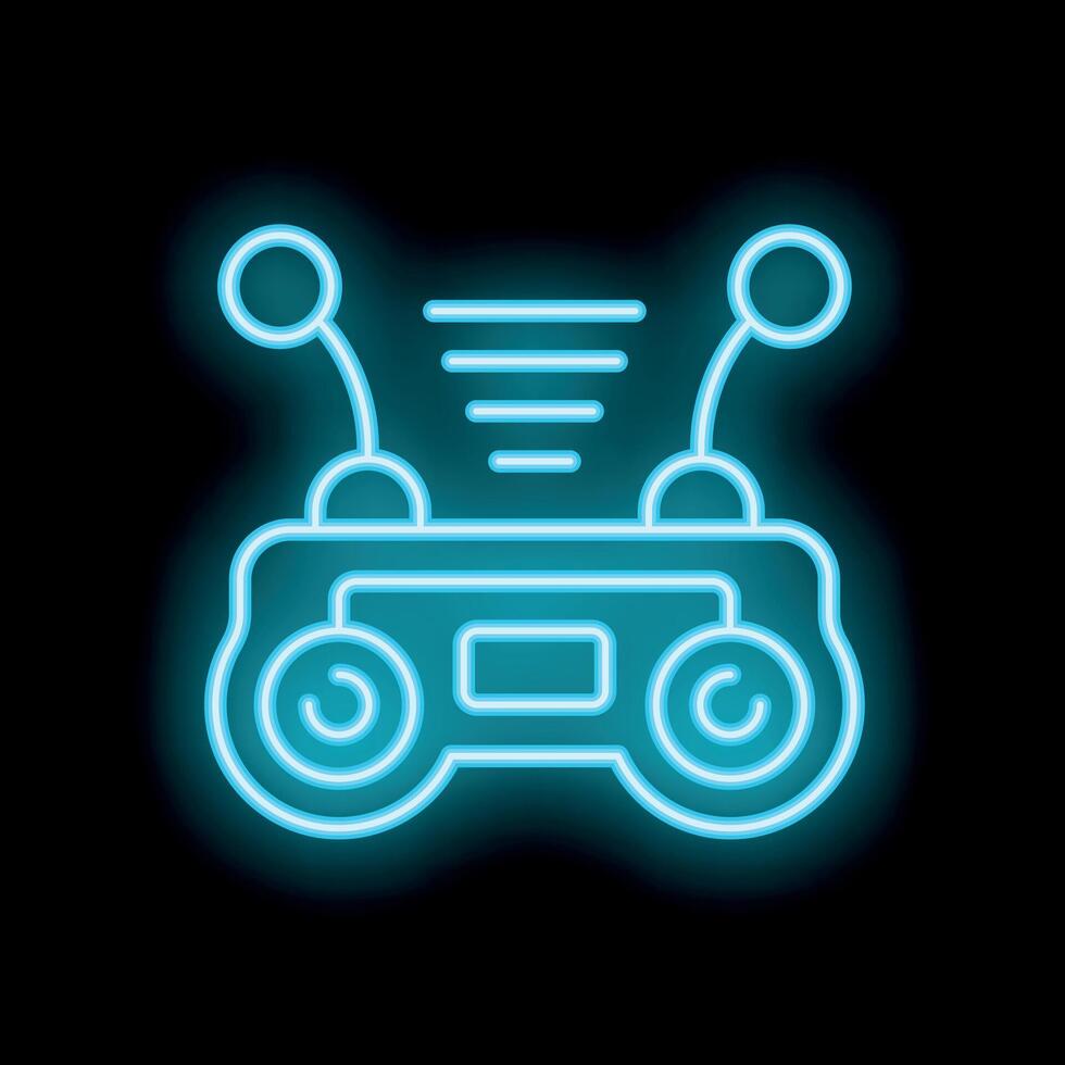 Blue neon remote control with antenna emitting signal on black background vector