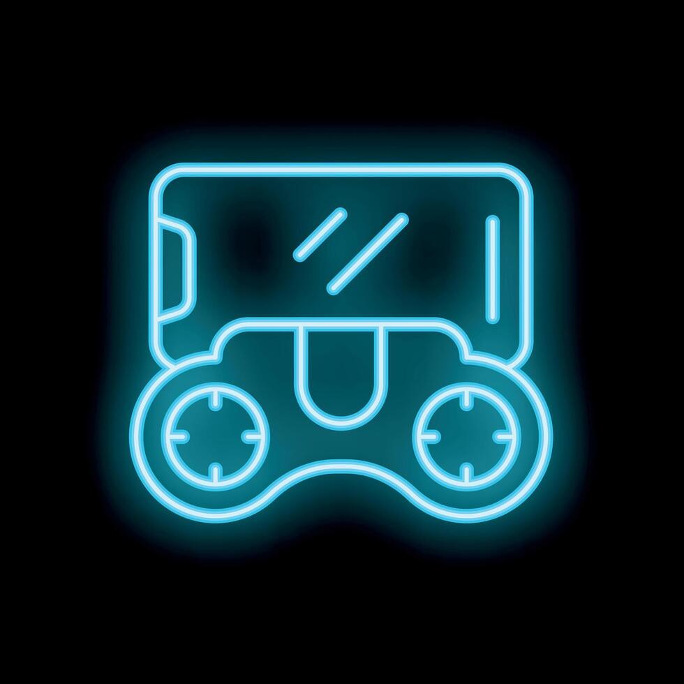 Blue neon icon of a vr headset glowing on a dark background vector