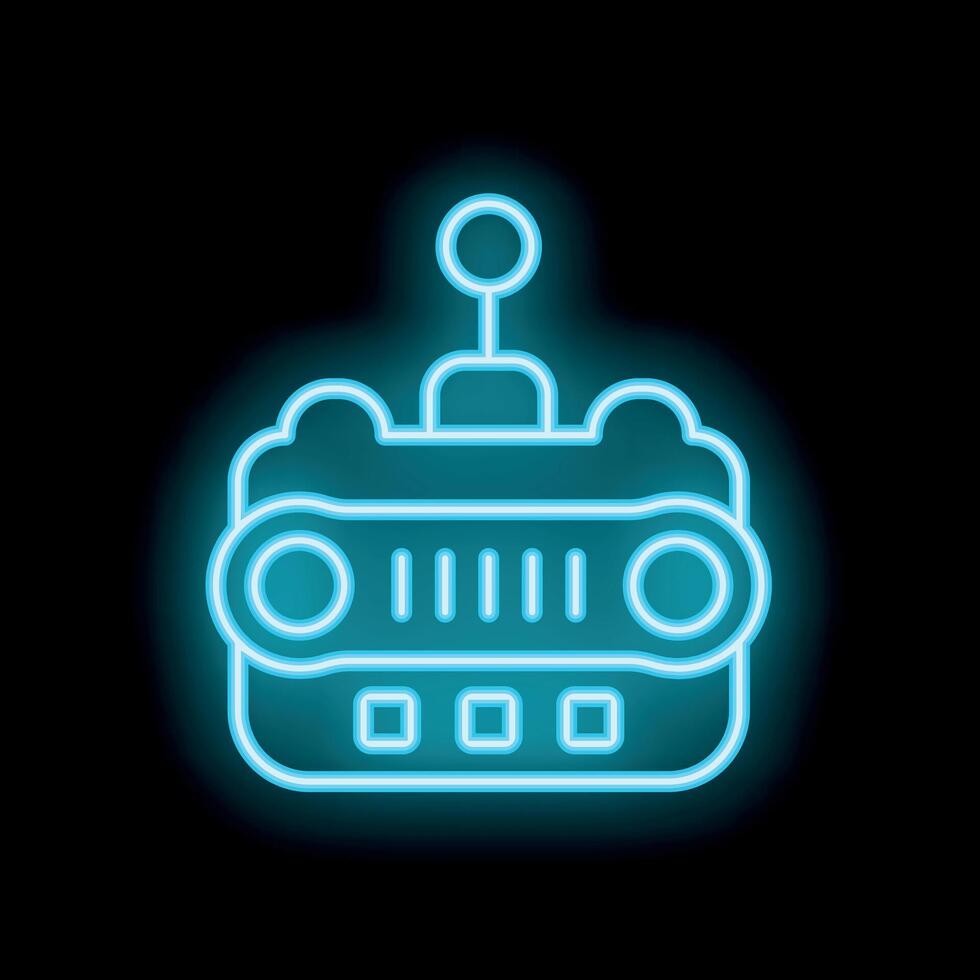 Blue neon sign showing a toy robot on black background vector
