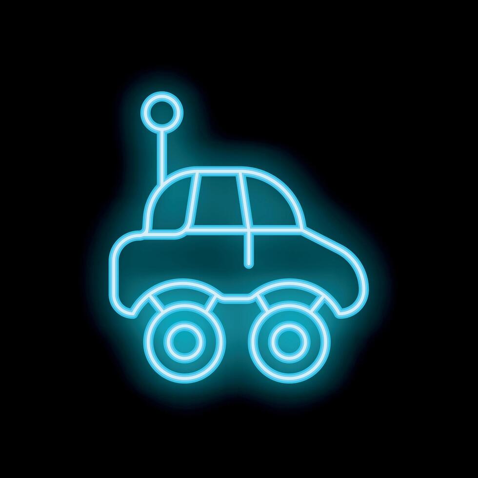 Blue neon sign of a remote control monster truck on black background vector