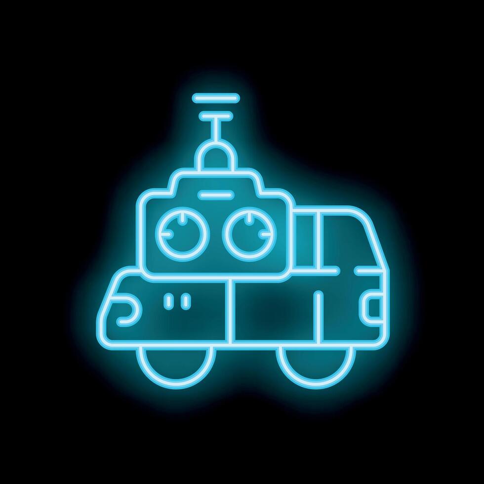 Neon icon of radio controlled toy car glowing blue on black background vector