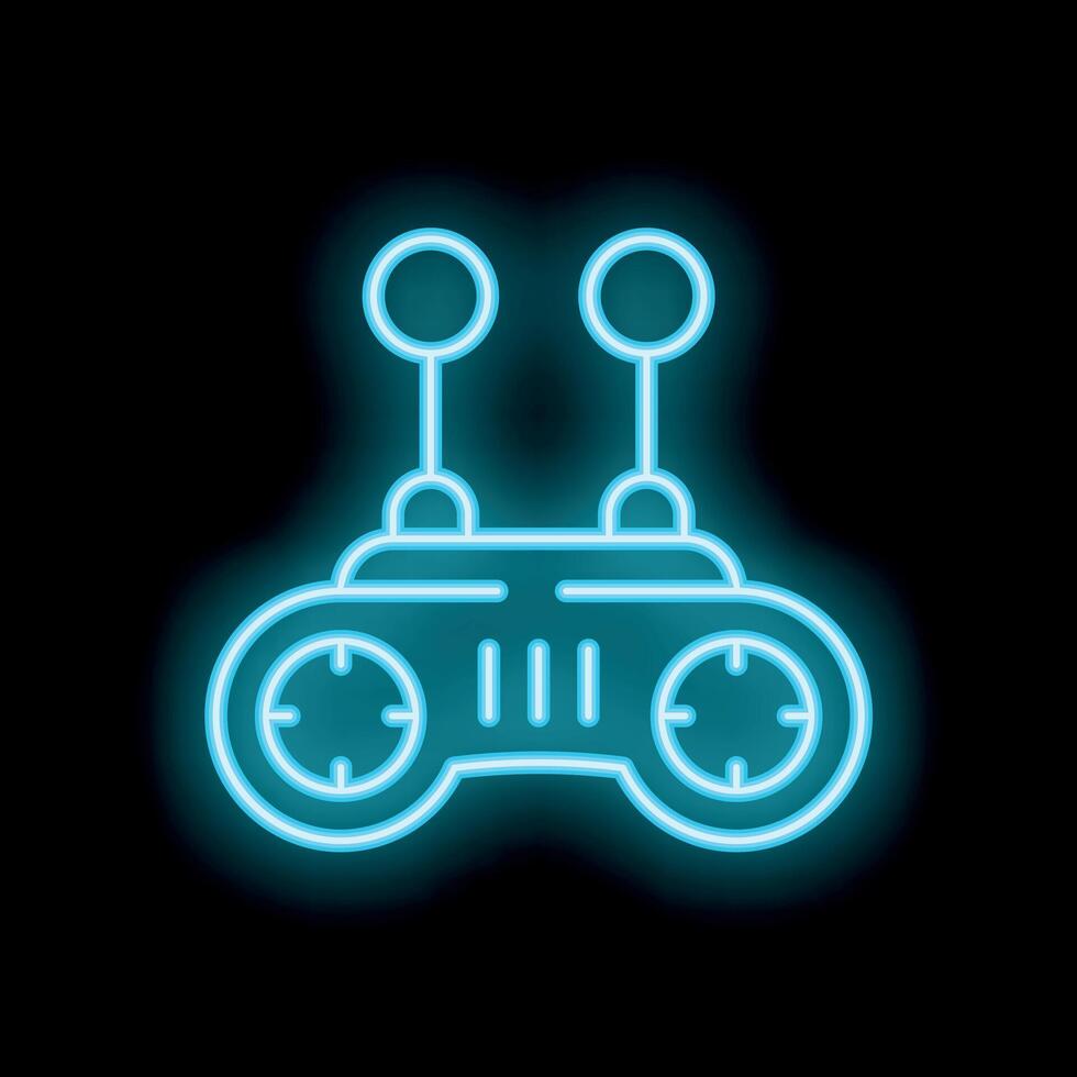 Neon sign remote control gaming device with antennae glowing on black background vector