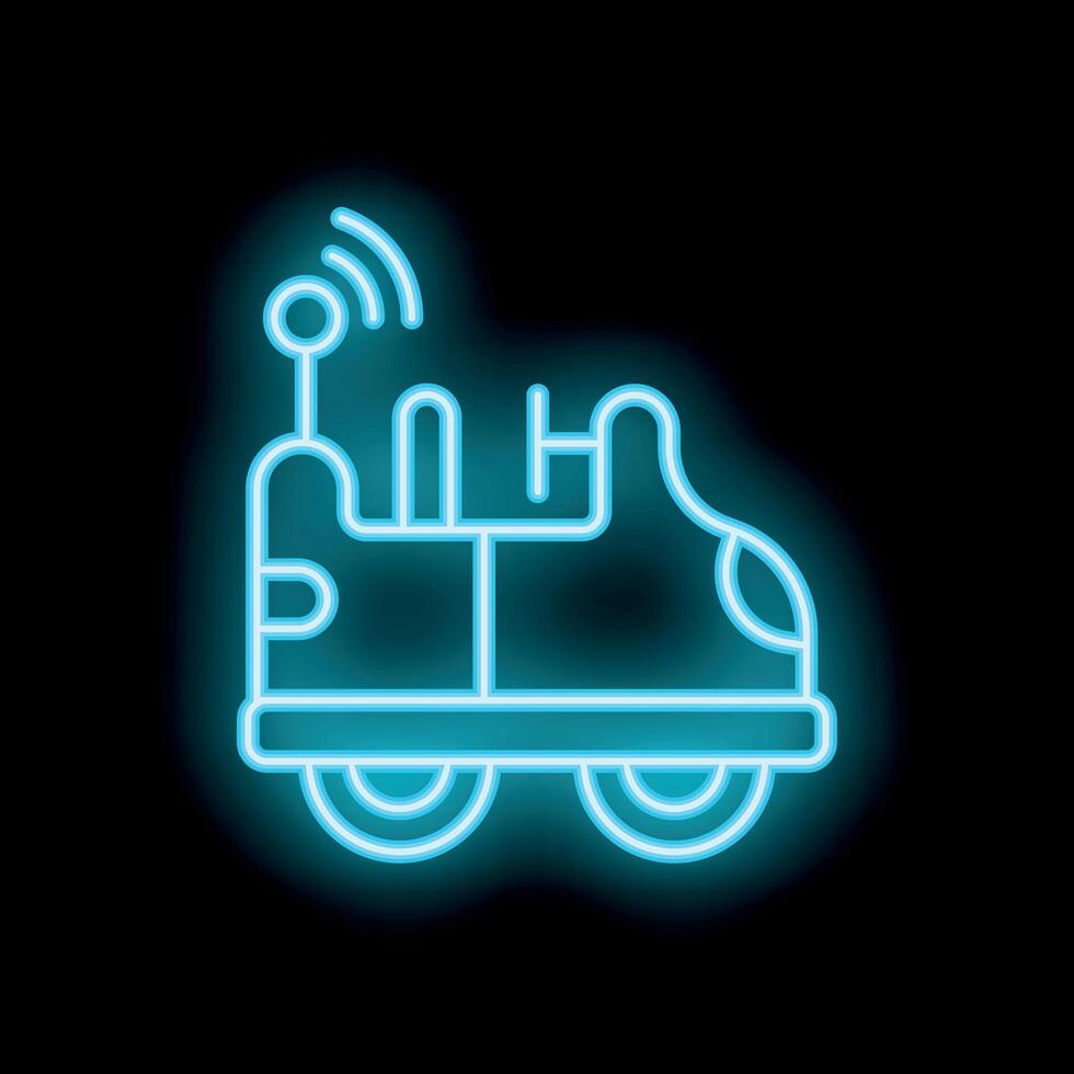 Blue neon sign of a bumper car with antenna transmitting signal on a black background vector