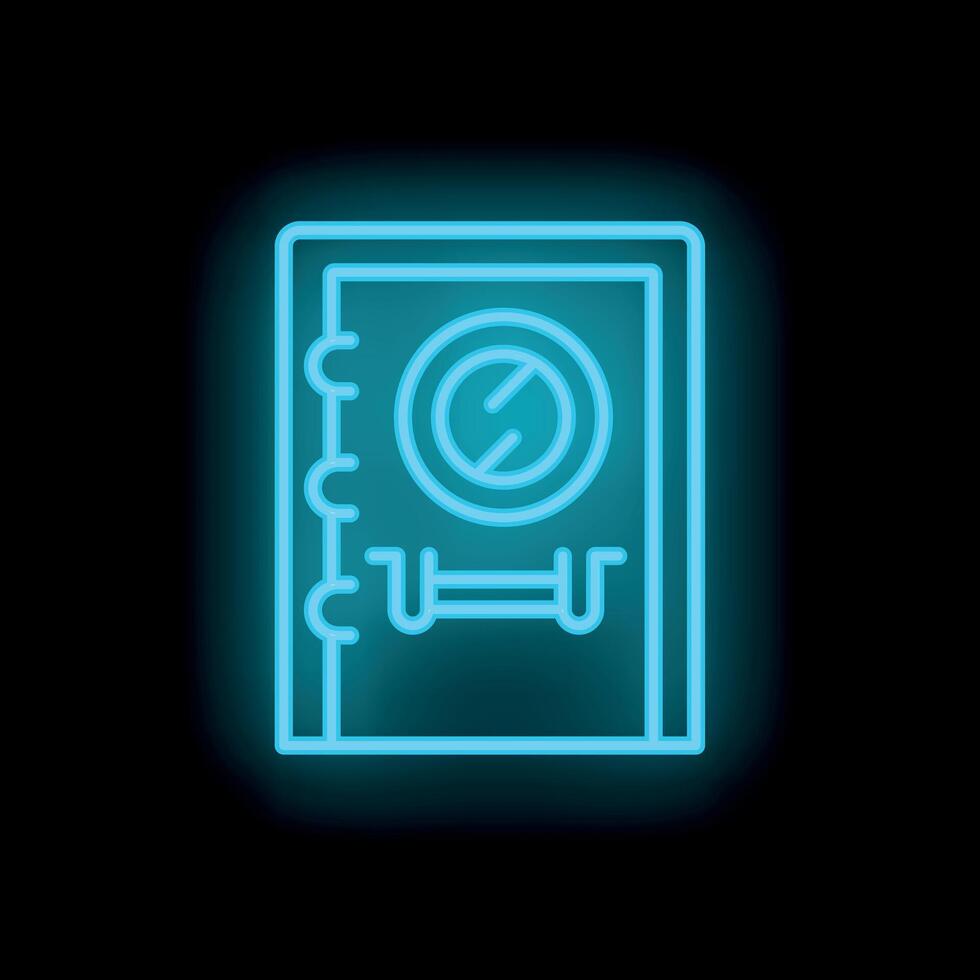 Blue neon sign of a notebook with bookmark ribbon on black background vector