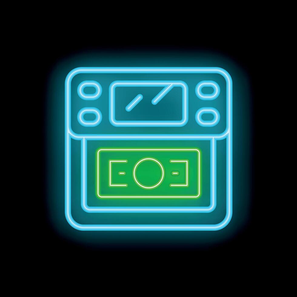 Neon atm machine dispenses money on black background vector