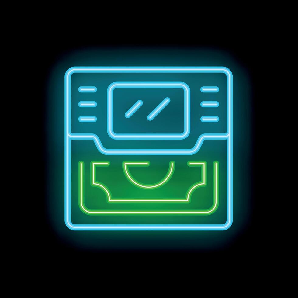 Neon atm cash machine displaying withdraw transaction icon glowing on dark background vector