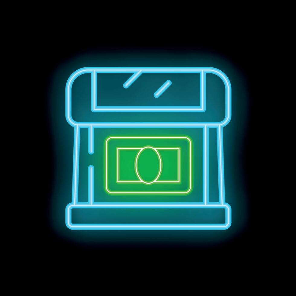 Neon atm cash machine displaying money icon on black background vector