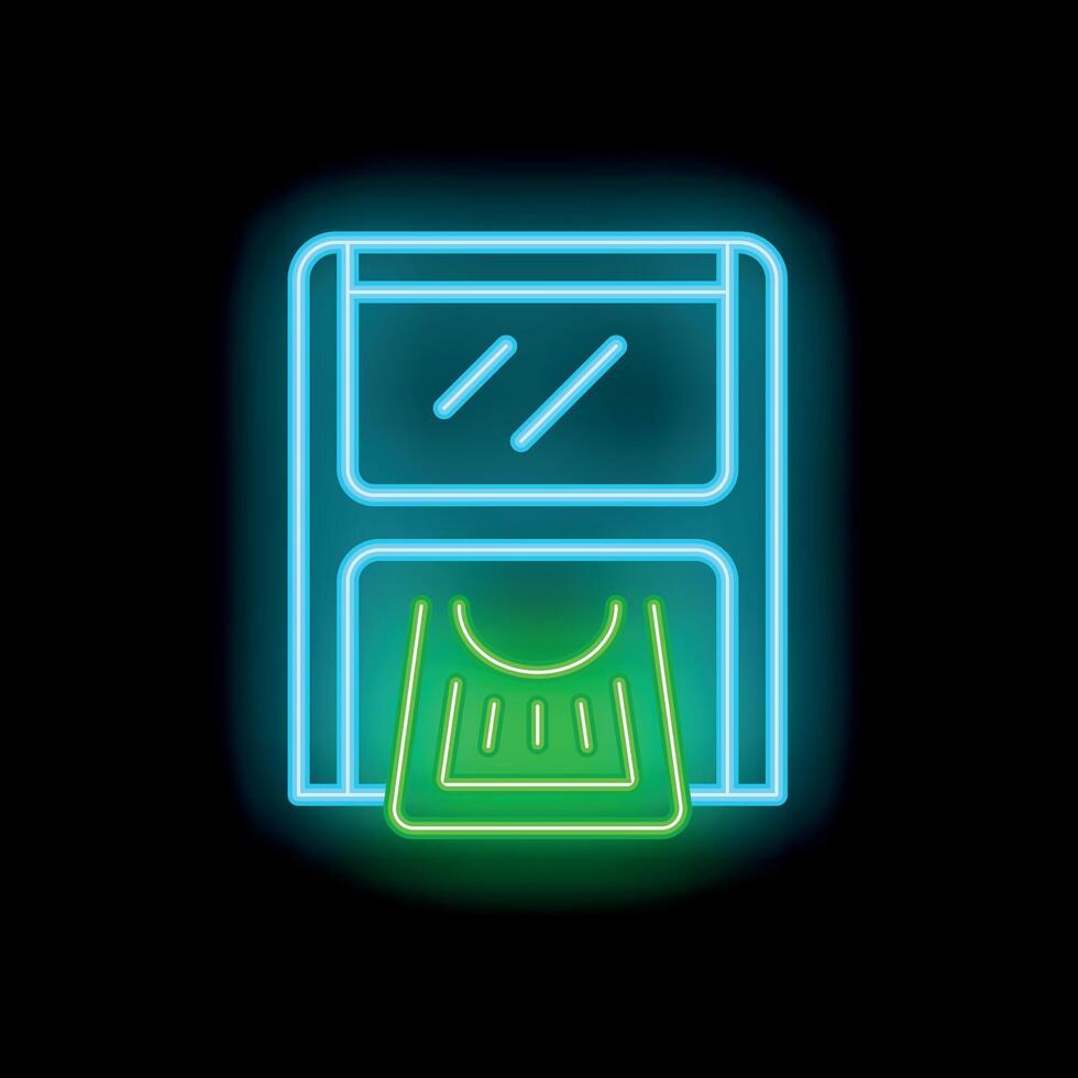 Neon atm machine dispensing cash on black background vector