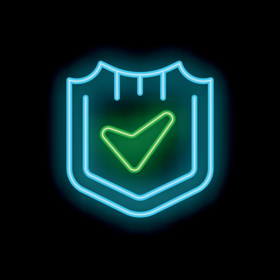 Neon shield showing green check mark symbolising security vector