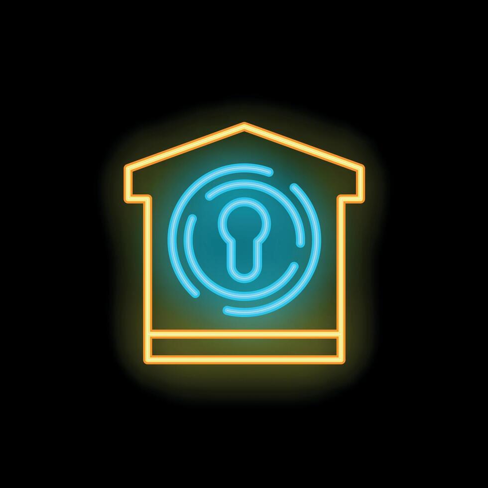 Neon smart home security system icon glowing on dark background vector