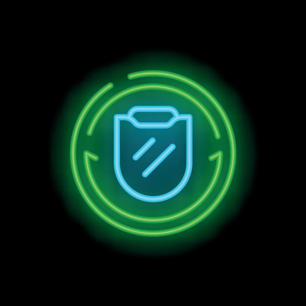 Neon shield icon glowing inside circular frame on black background vector