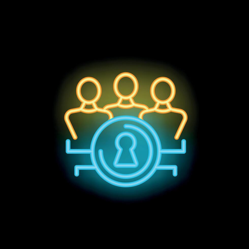 Neon icon of people network sharing data with keyhole symbolising security vector