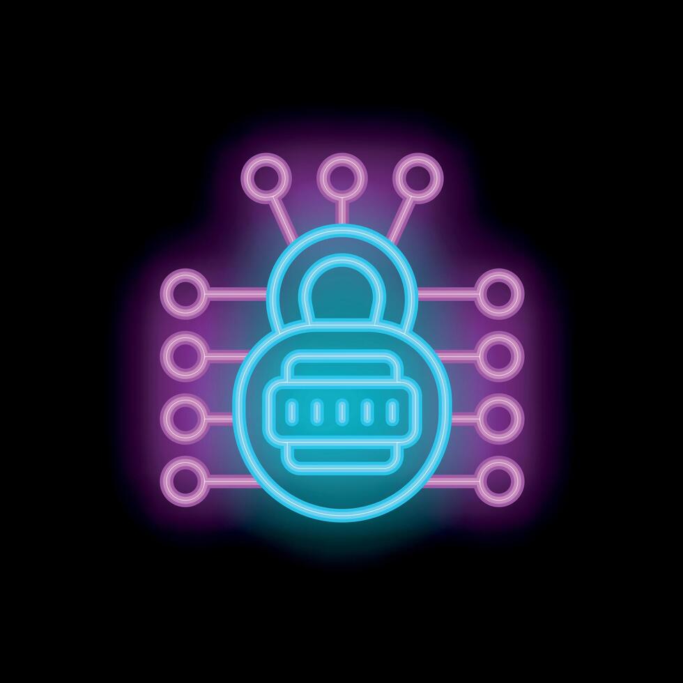 Neon padlock protecting network connections on black background vector