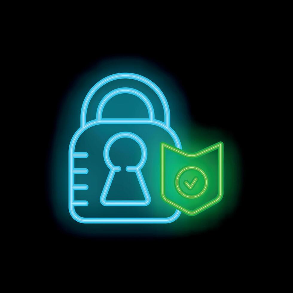 Neon padlock with checkmark providing security and protection vector