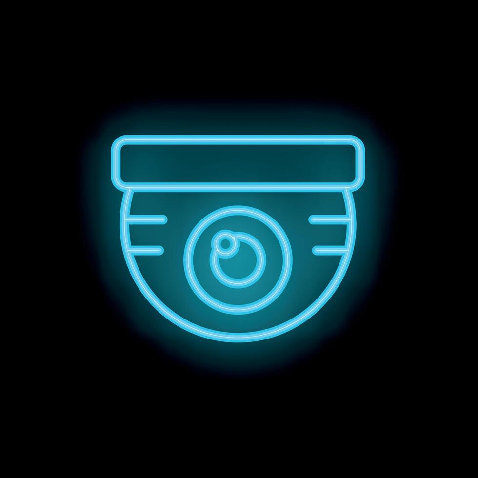 Neon cctv camera icon glowing on dark background vector