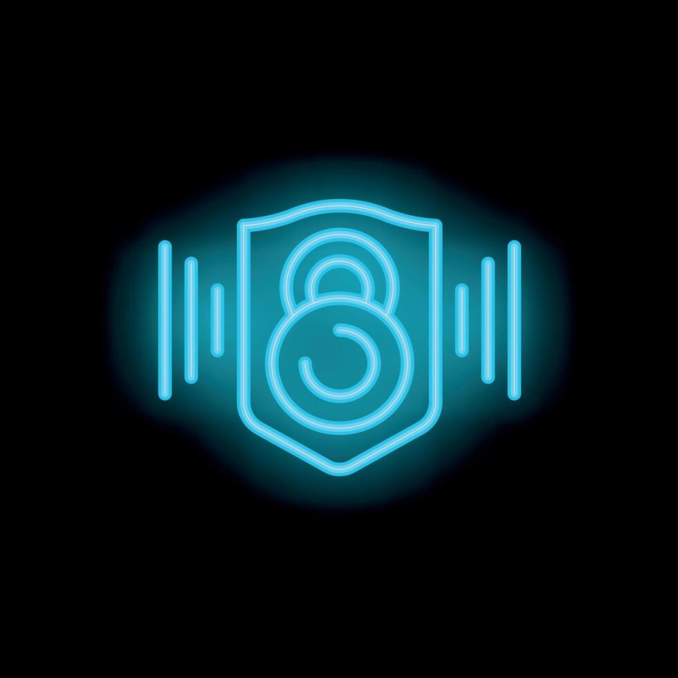 Neon style icon showing kettlebell surrounded by protective shield on black background vector