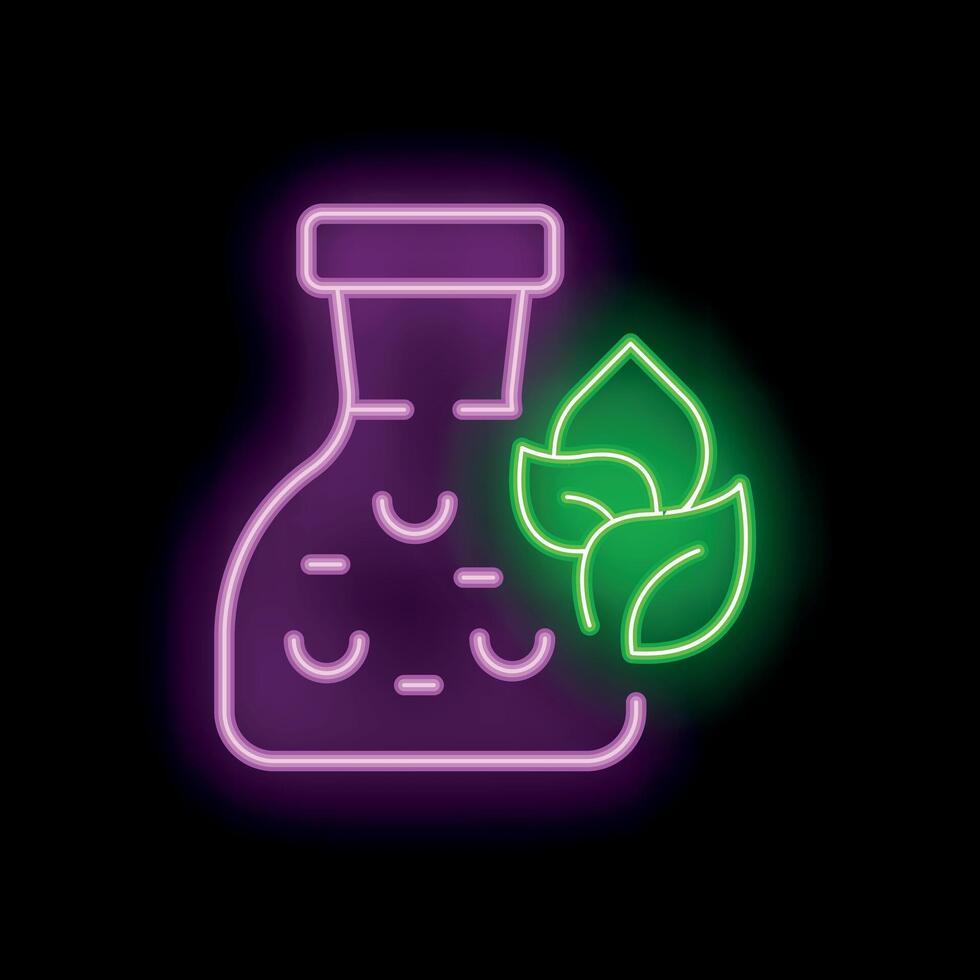 Neon sign of herbal medicine in flask with green leafs glowing vector