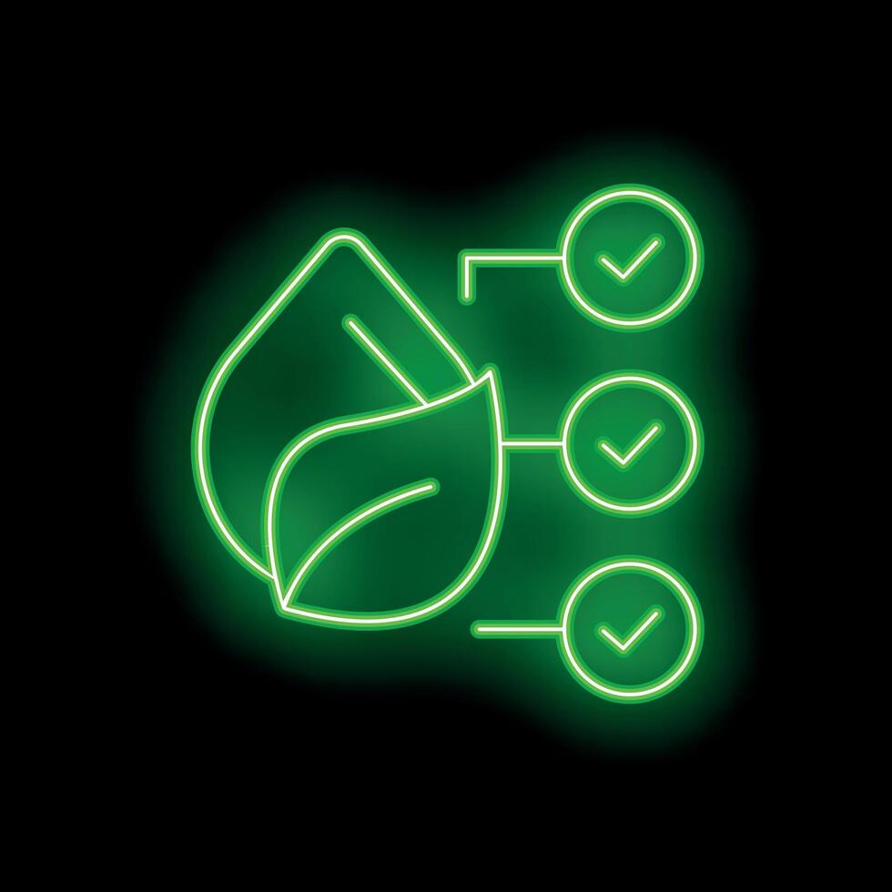 Green neon icon of leaves symbolizing sustainability checklist vector