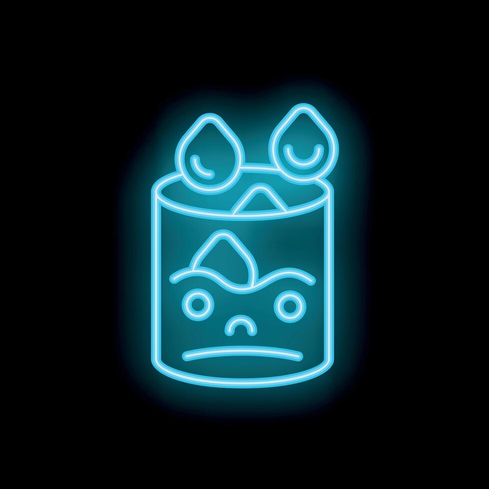 Neon style illustration of a glass being filled with water and ice cubes depicted as a sad face vector
