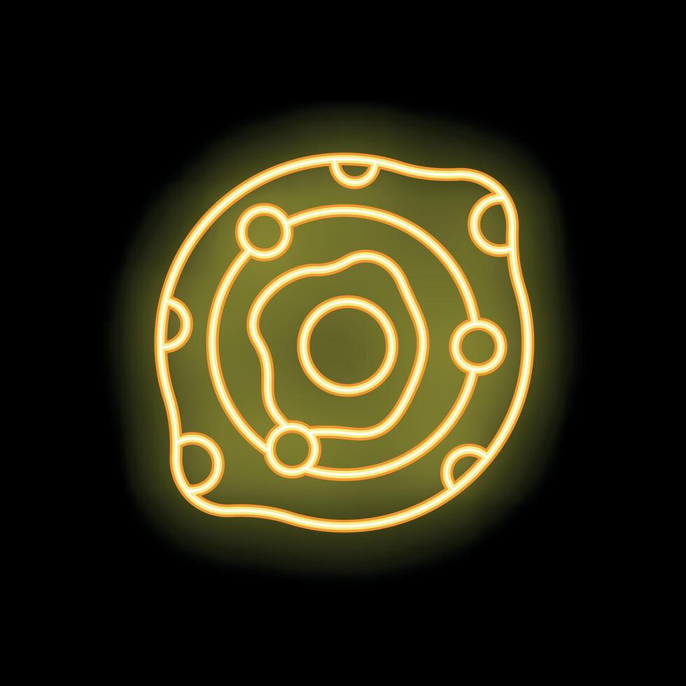 Glowing neon icon of an atom with electrons orbiting nucleus vector