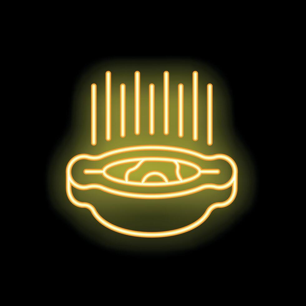 Neon icon of hot soup bowl steaming on black background vector
