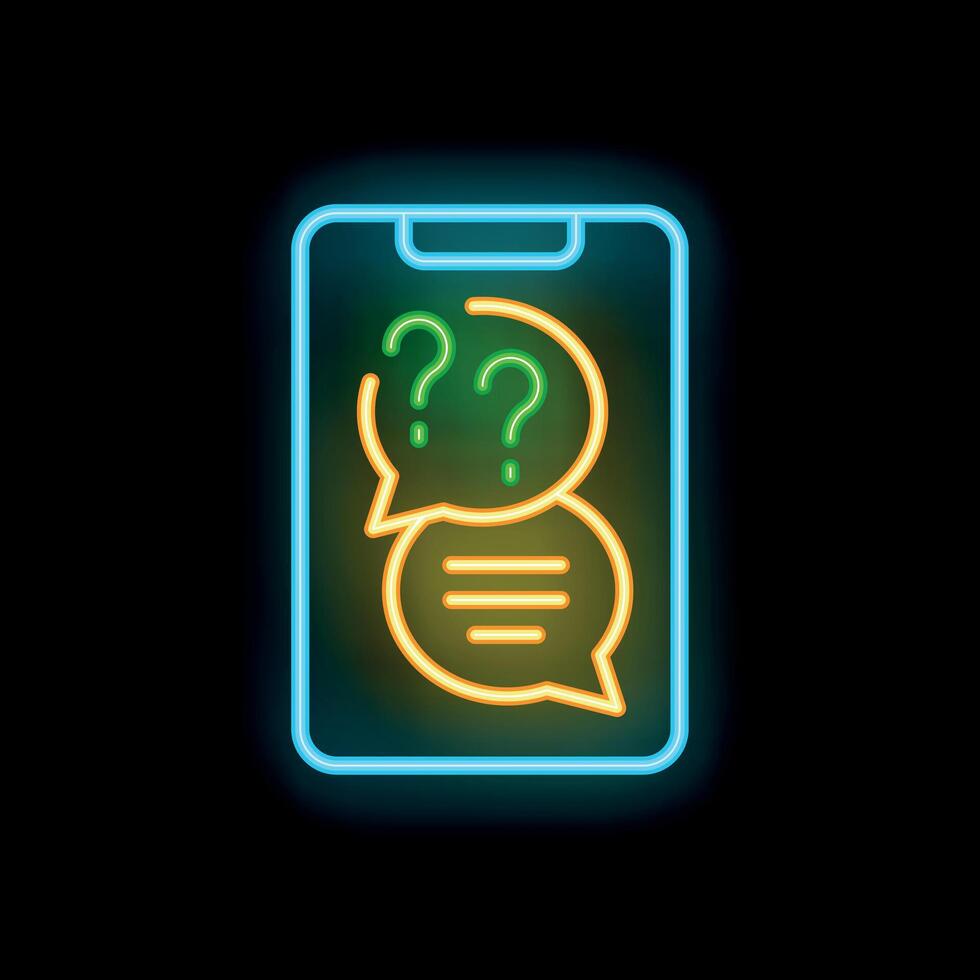 Neon smartphone showing chat bubbles with question marks vector