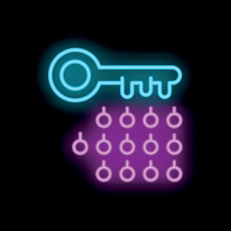 Neon key unlocking multiple padlocks representing concept of solutions vector