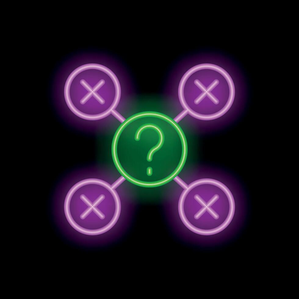 Neon style question mark surrounded by wrong answers in circles connected with lines on black background vector
