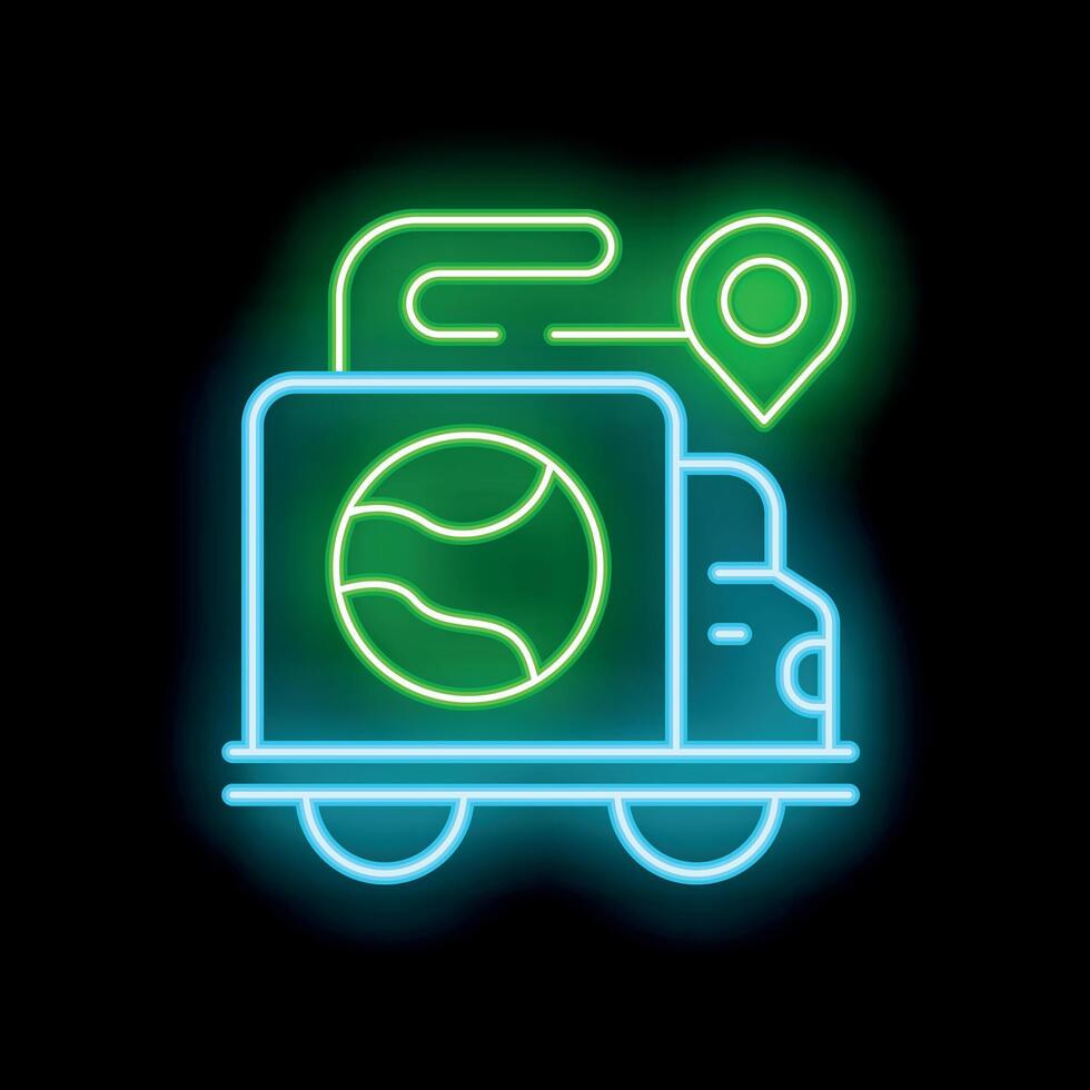 Neon icon of delivery truck carrying a package around the world vector