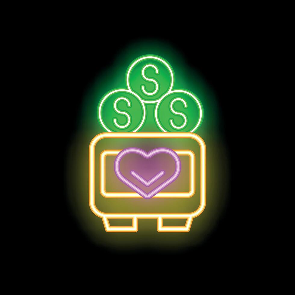 Charity, donation box with heart and coins glowing in neon style vector