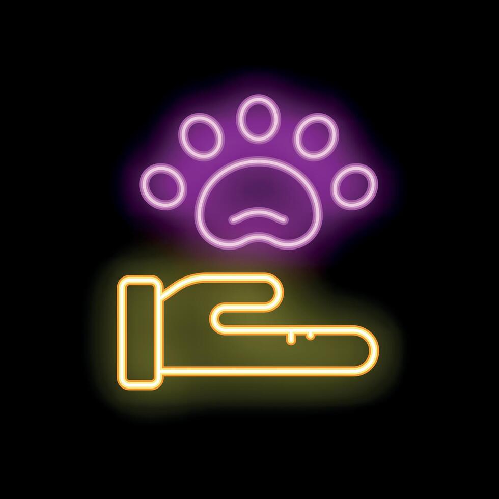 Neon icon of hand holding pet paw print, veterinary symbol vector