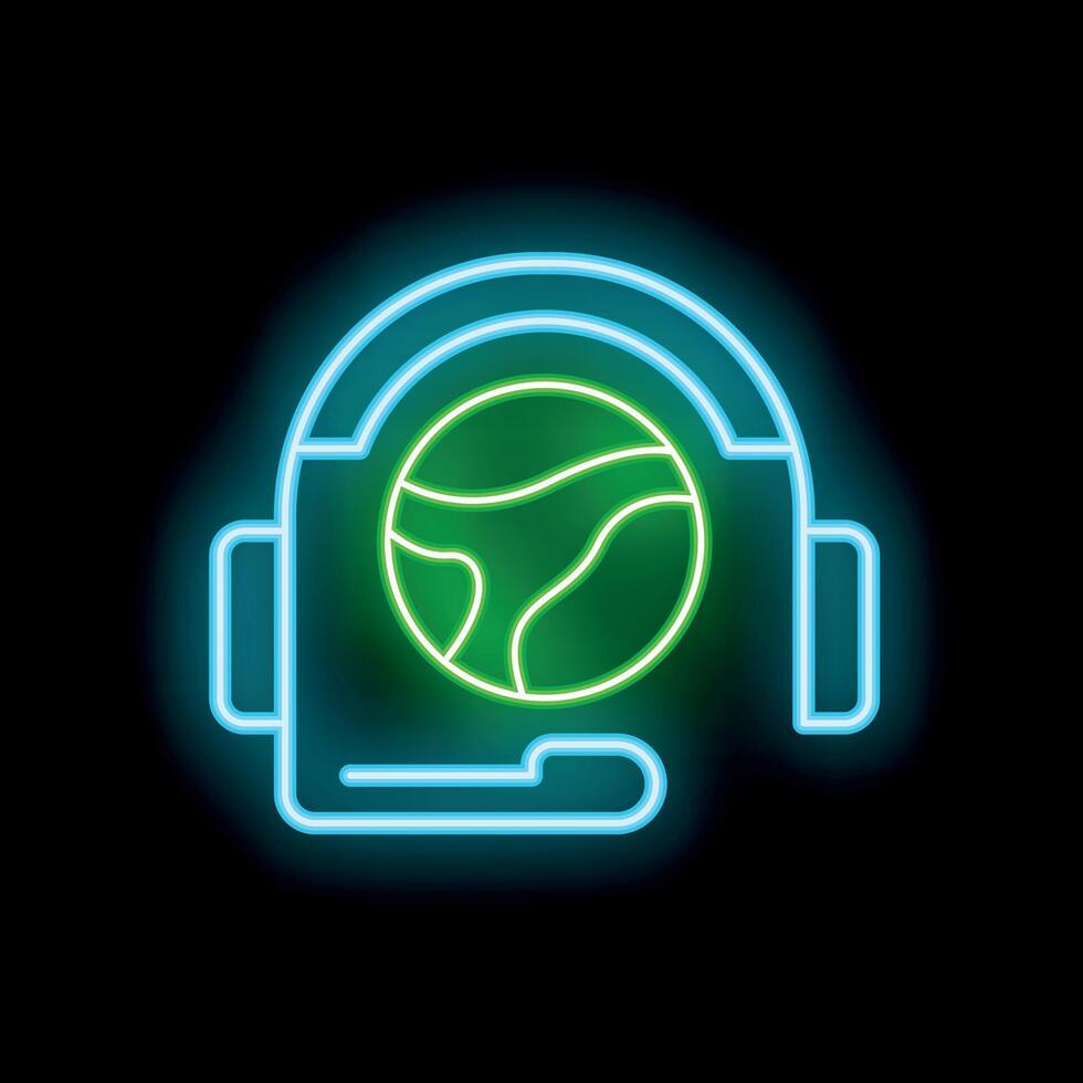 Neon icon of headset with planet earth inside symbolizing global communication vector