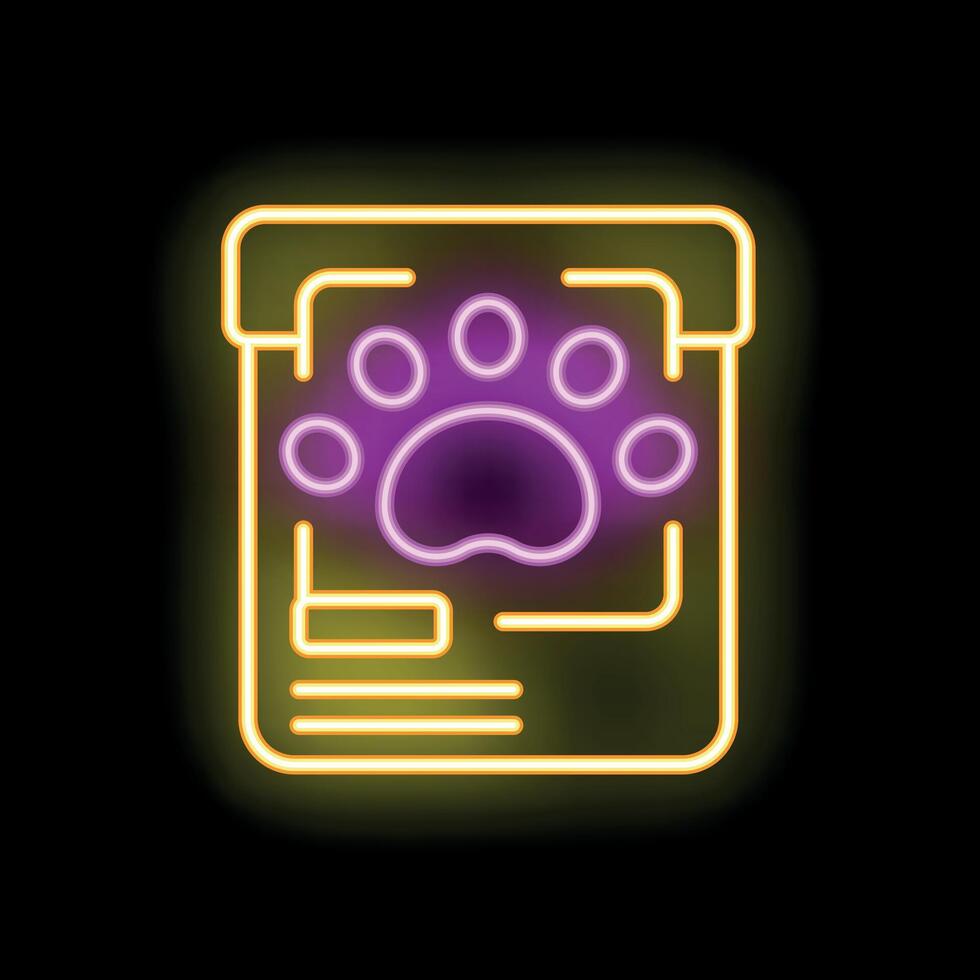 Neon sign of pet food bag with paw print on black background vector