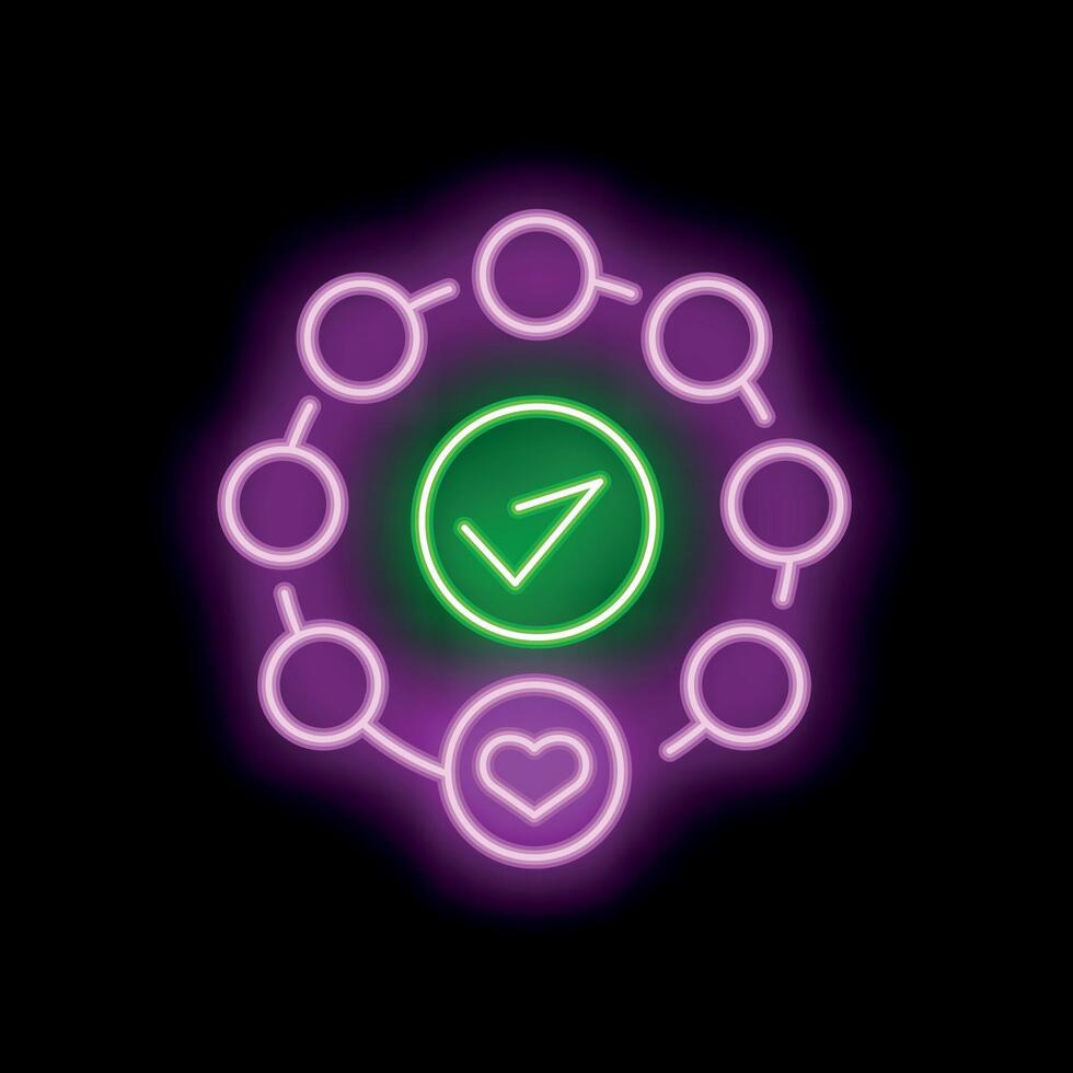 Neon icon showing customer satisfaction survey with check mark and heart vector