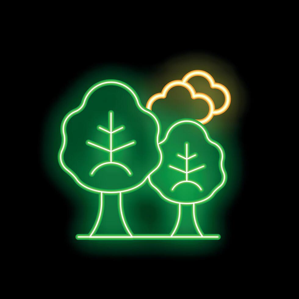Glowing neon sign depicting trees and clouds on a black background vector