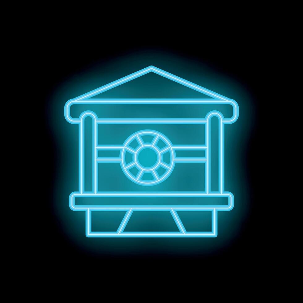 Glowing blue neon sign showing a baywatch hut with a lifebuoy ring vector