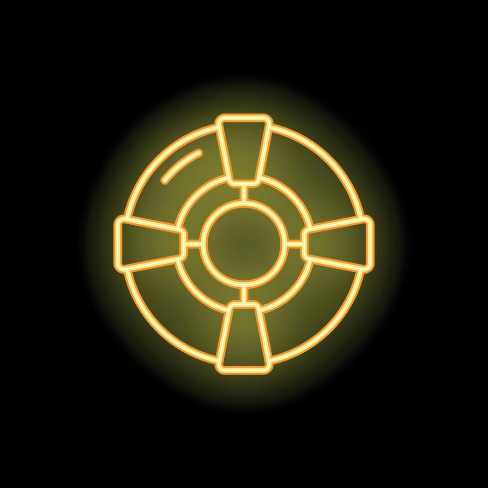Yellow neon sign representing a lifebuoy on a black background vector