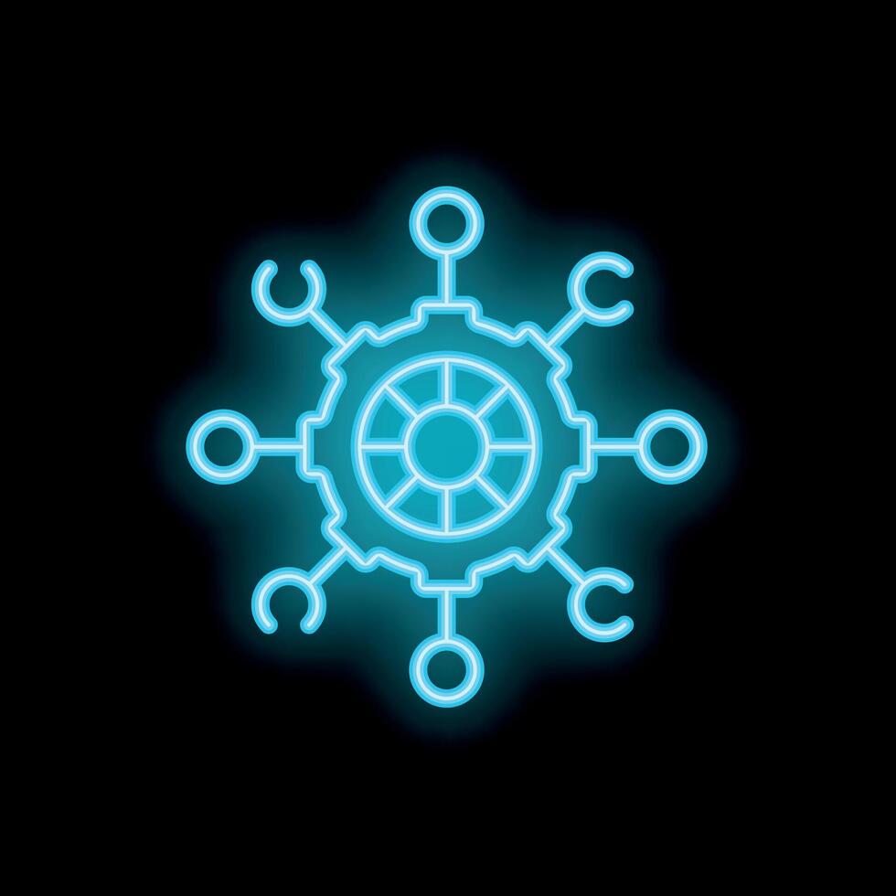 Neon blue gear connecting circles representing teamwork on black background vector