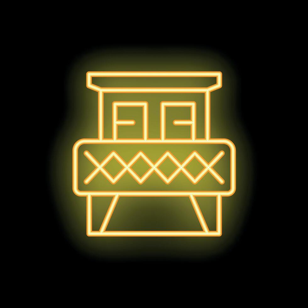 Neon icon of a train car glowing yellow on black background vector