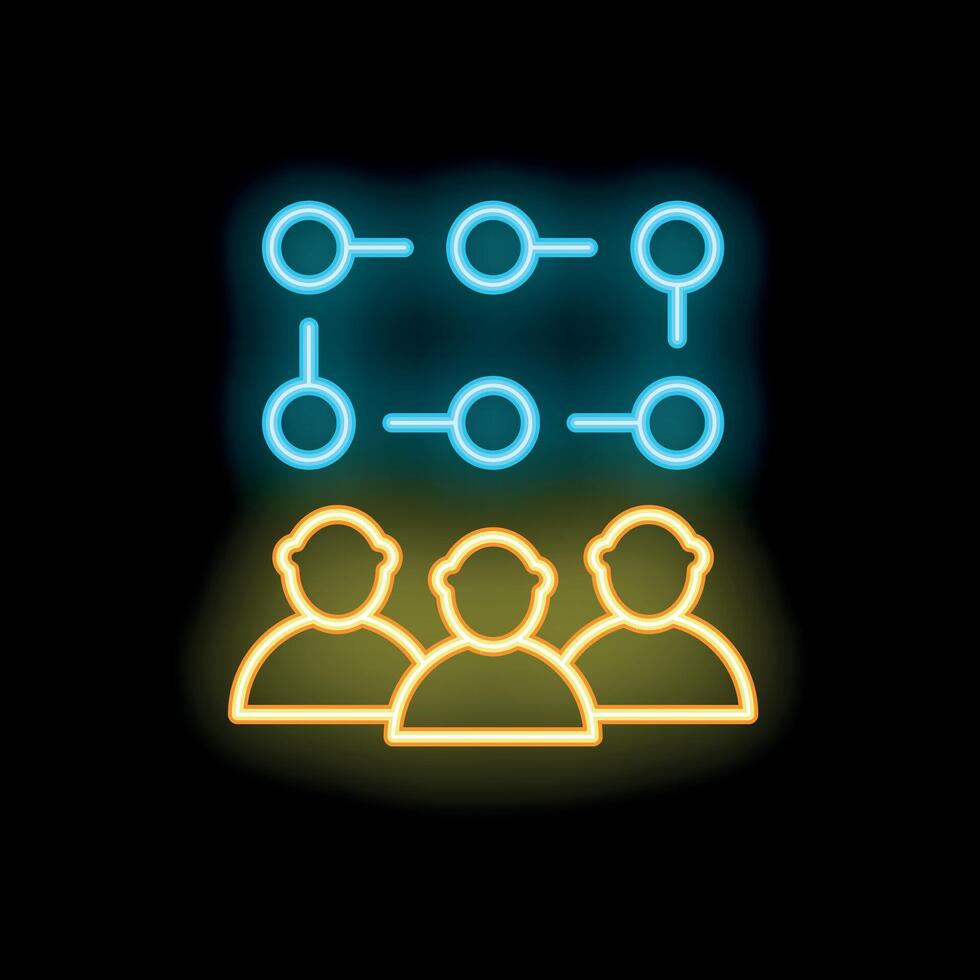 Neon icon of three people undergoing social network analysis vector