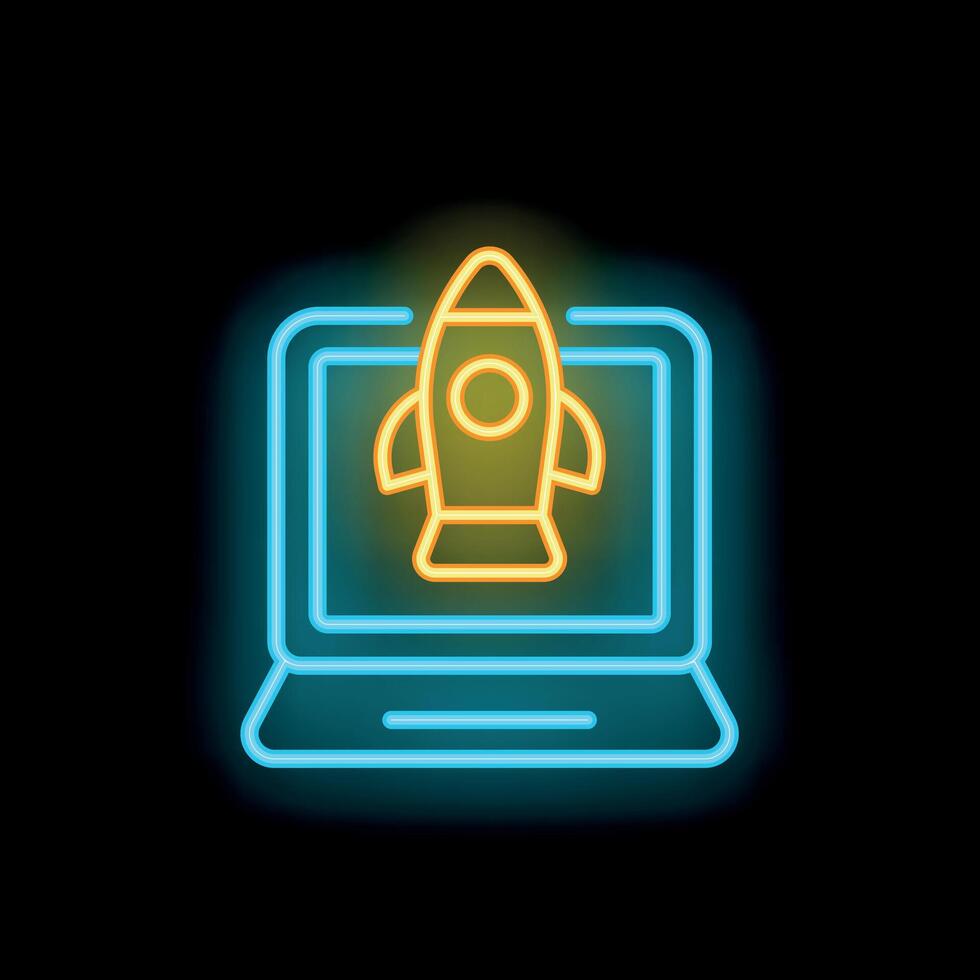 Neon rocket launching from laptop screen startup concept vector