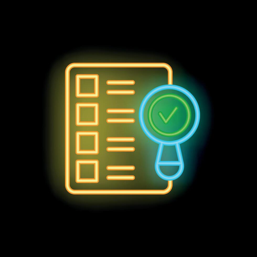 Neon magnifying glass validating checklist on black background vector