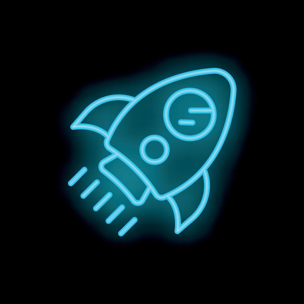 Blue neon rocket ship taking off on black background vector