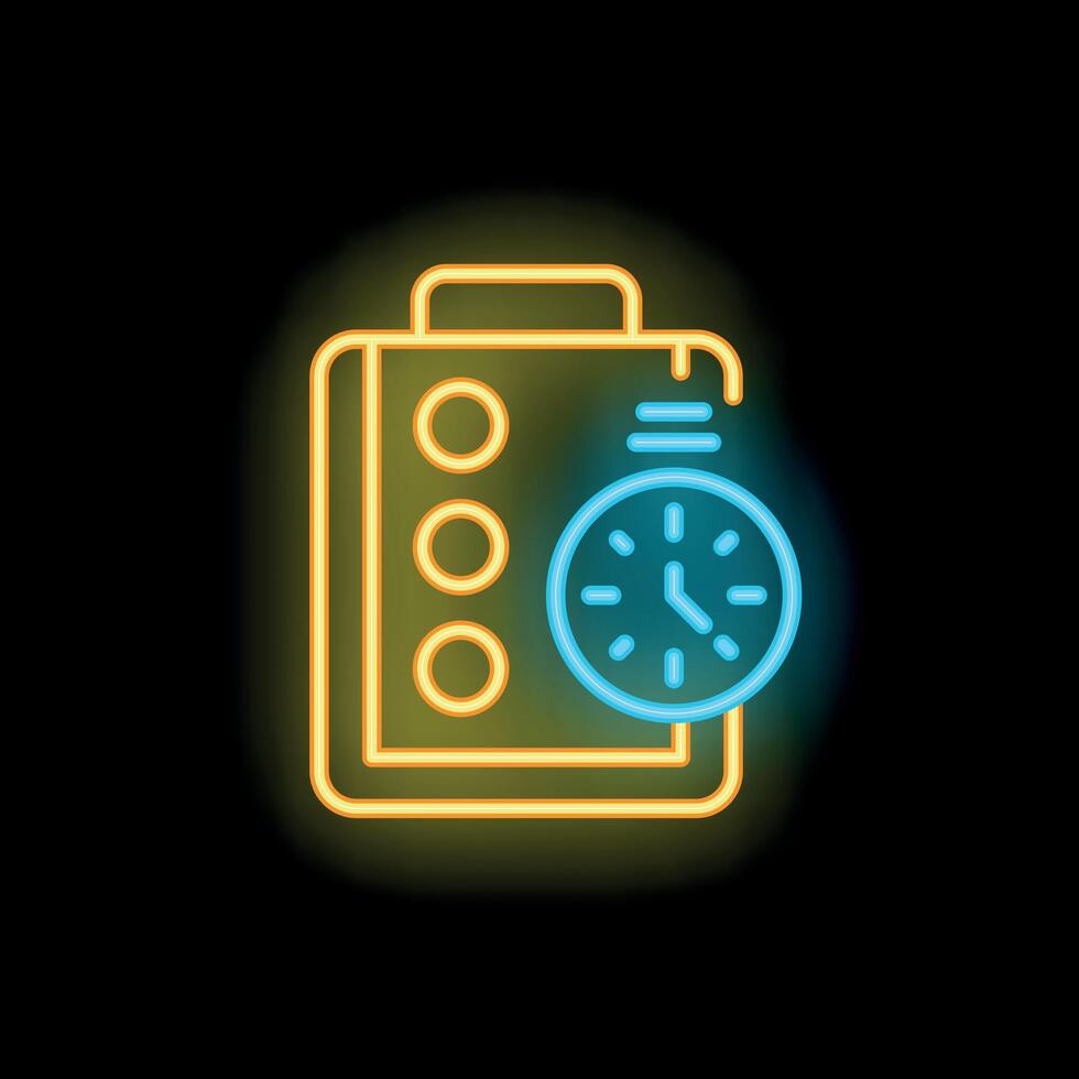 Neon icon of clipboard with clock representing time management vector