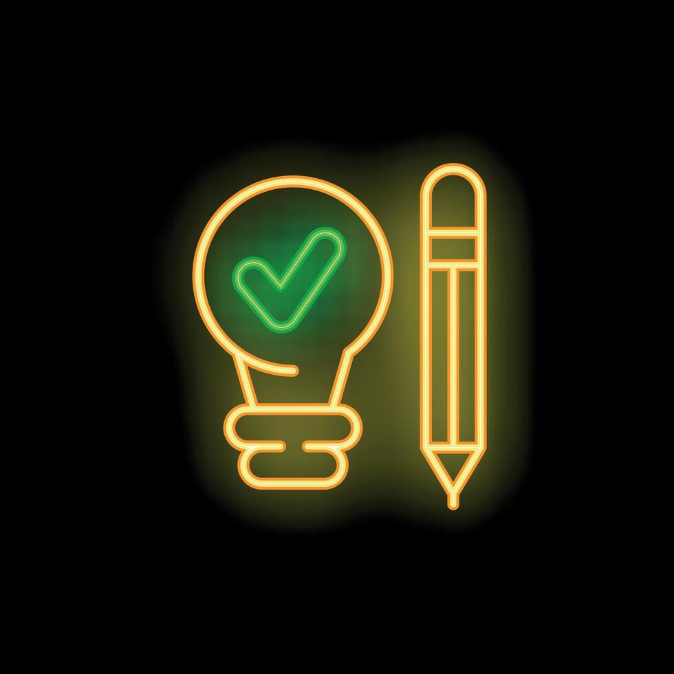 Neon glowing idea light bulb and pencil drawing on a blackboard vector