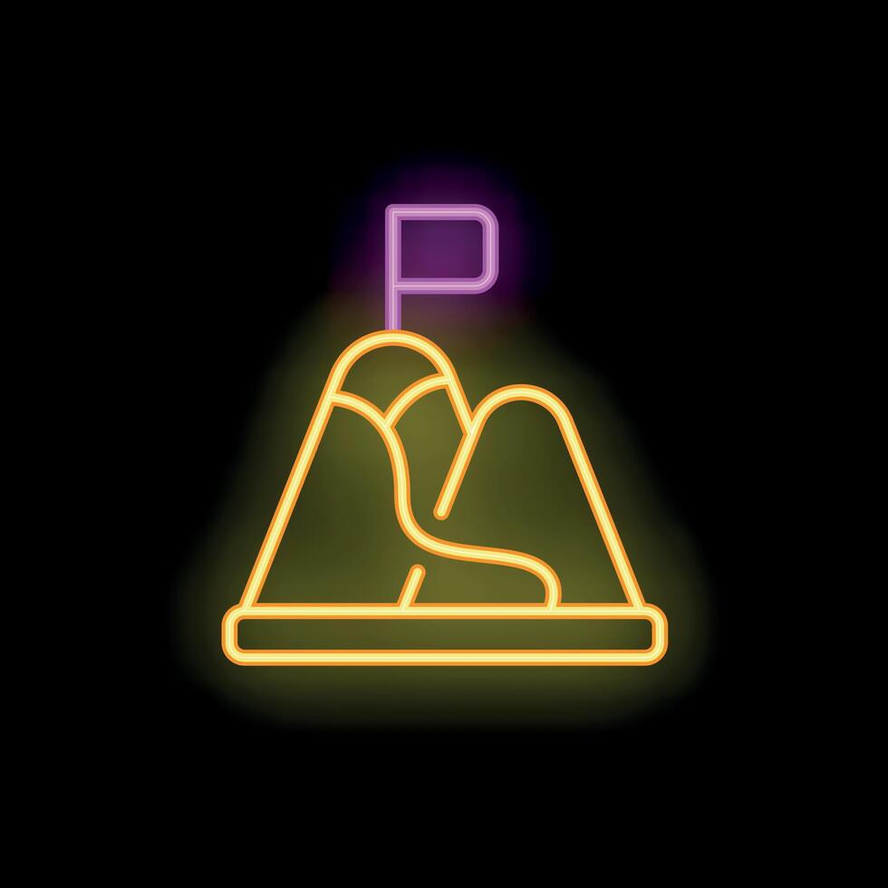 Neon sign representing reaching goals with flag on mountain peak vector