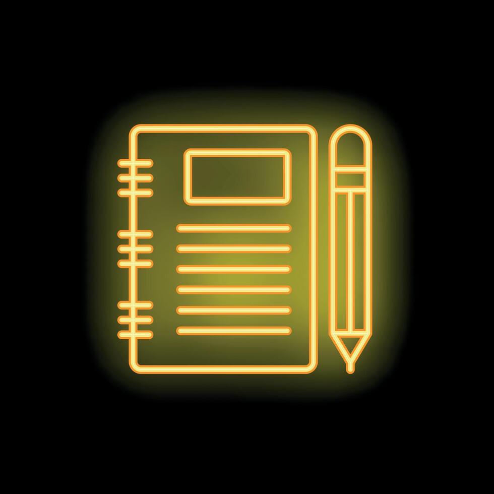 Yellow neon notebook and pencil icon glowing on black background vector